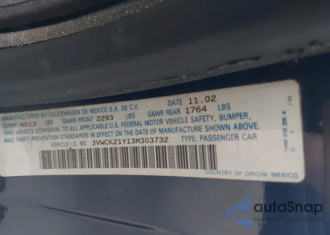 2003 Volkswagen New Beetle Gls из США, поврежденный, VIN 3VWCK21Y13M303732